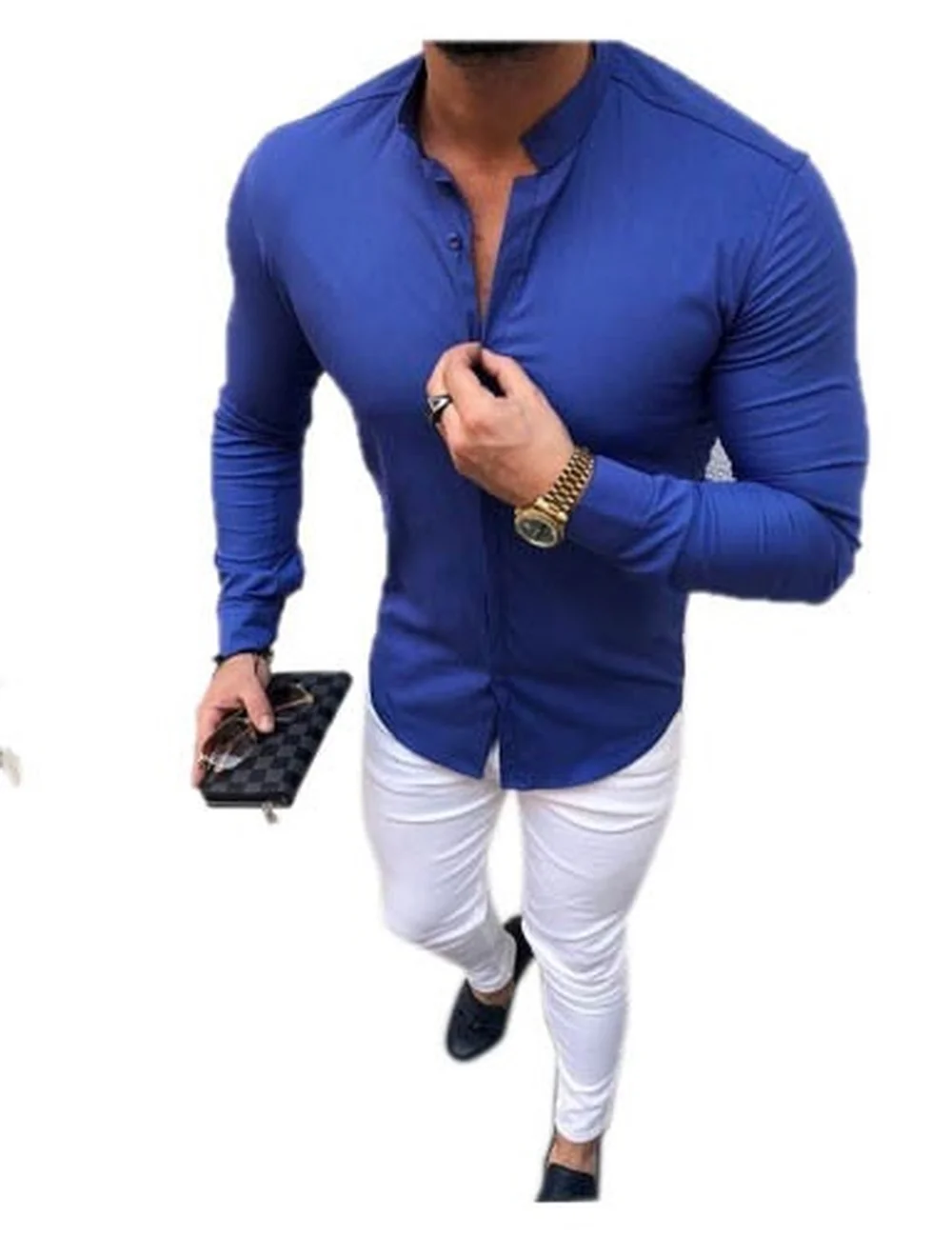 Men's Stand Collar Double Flat Solid Color Slim Fit Long Sleeve Shirt