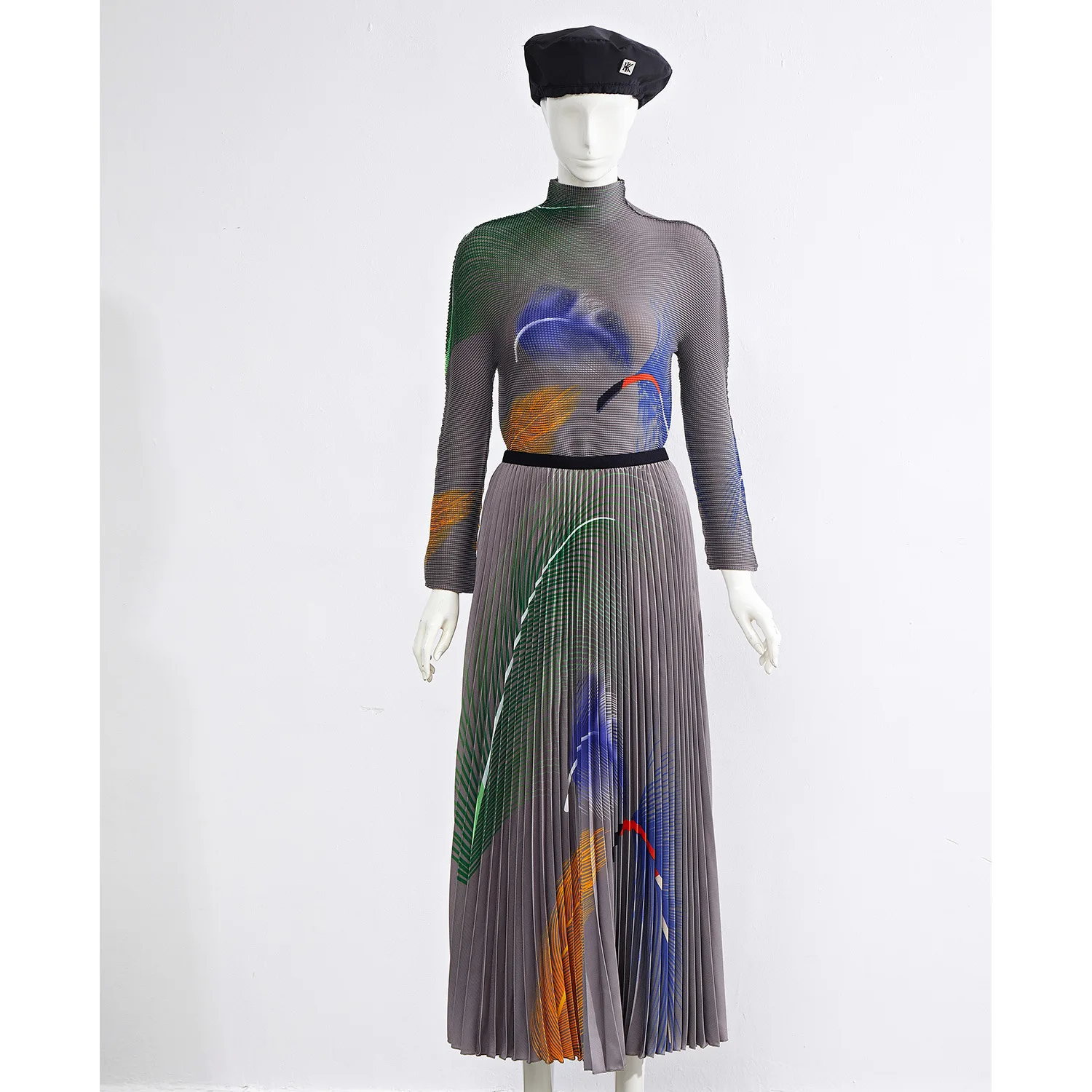 

Clothing Sets 2022 Woman Clothes Miyake Pleated Stretch Printed Turtleneck Long Sleeved Top + High Waist Slimming Long Skirt