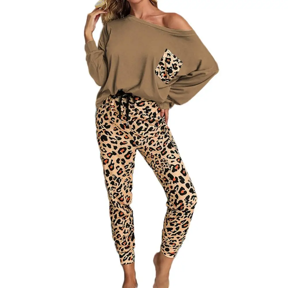 

Women Long Sleeve Blouse Top Skinny Pants Leopard Loungewear Homewear Outfit