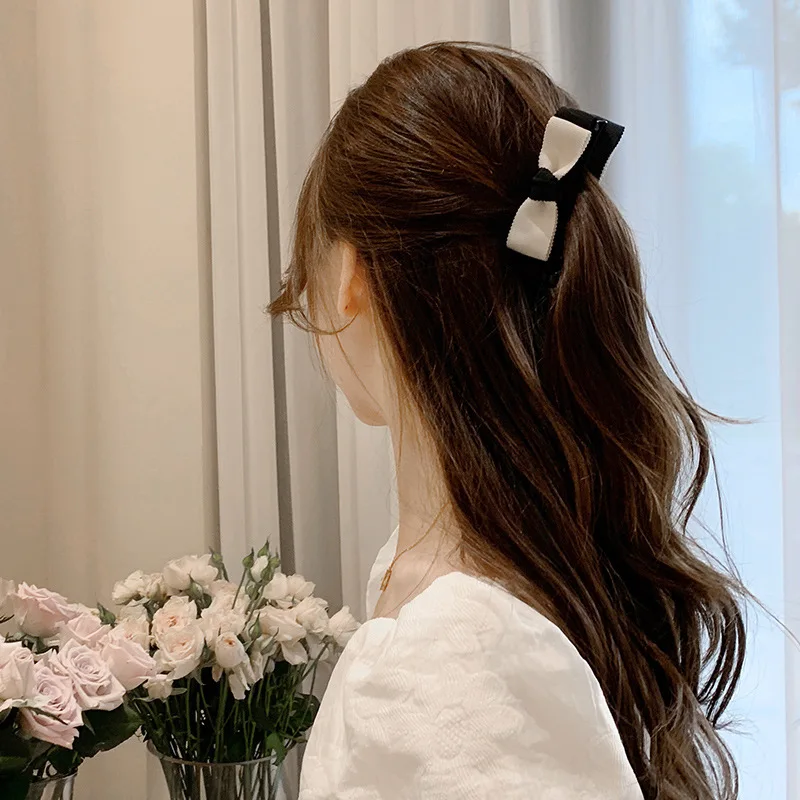 

Korean Fashion Black White Bowknot Banana Hair Clip Girls Elegant Horsetail Holder Hairpin Headdress Hair Accessories for Women