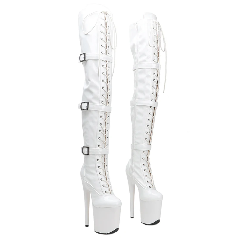 Leecabe  20CM/8inches Patent PU upper Pole dancing shoes High Heel over knee closed toe Pole Dance boots