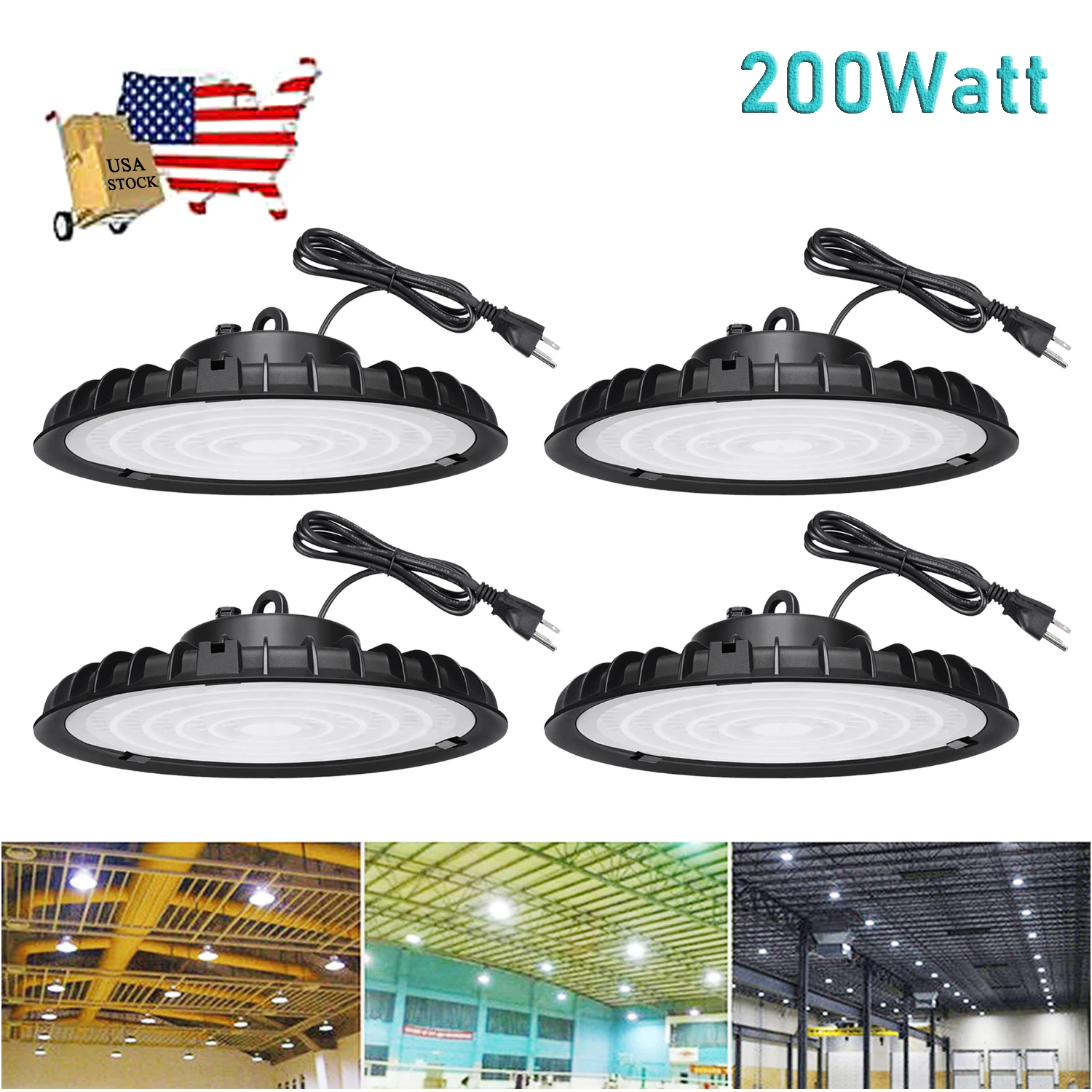 4 Pack 200W UFO Led High Bay Light 6000K Warehouse Workshop Garage Light Fixture Waterproof Commercial Industrial Lamp 110V