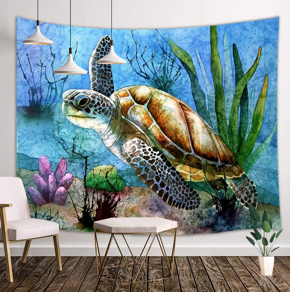 

Sea Turtle Tapestry Watercolor Ocean Animals Lover In Underwater Fantasy Coral World Wall Hanging Tapestries Living Room Decor