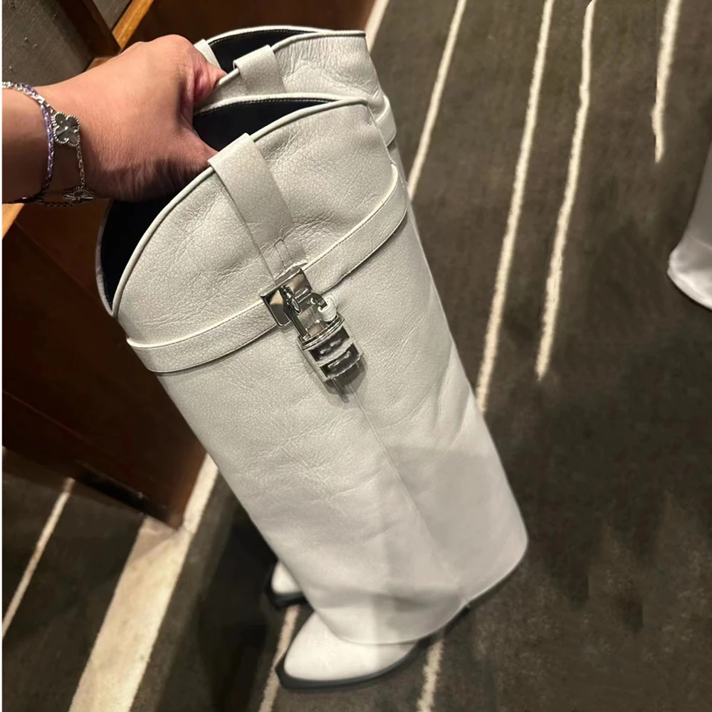 Women's Long Boots Wedge Heel Knee Length Boots Fashion Metal Lock Buckle Printed Totem Square Head High Heels Banquet Pumps