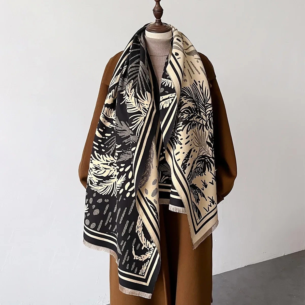 Зимний Женский Шарф Из Искусственного Кашемира С Цветочным Принтом Теплый