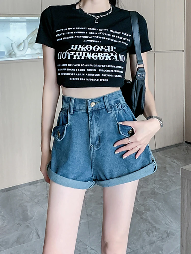 New Summer Women Retro Loose High Waist Blue Denim Shorts Streetwear Female Vintage Wide Leg Jeans Shorts Bottoms