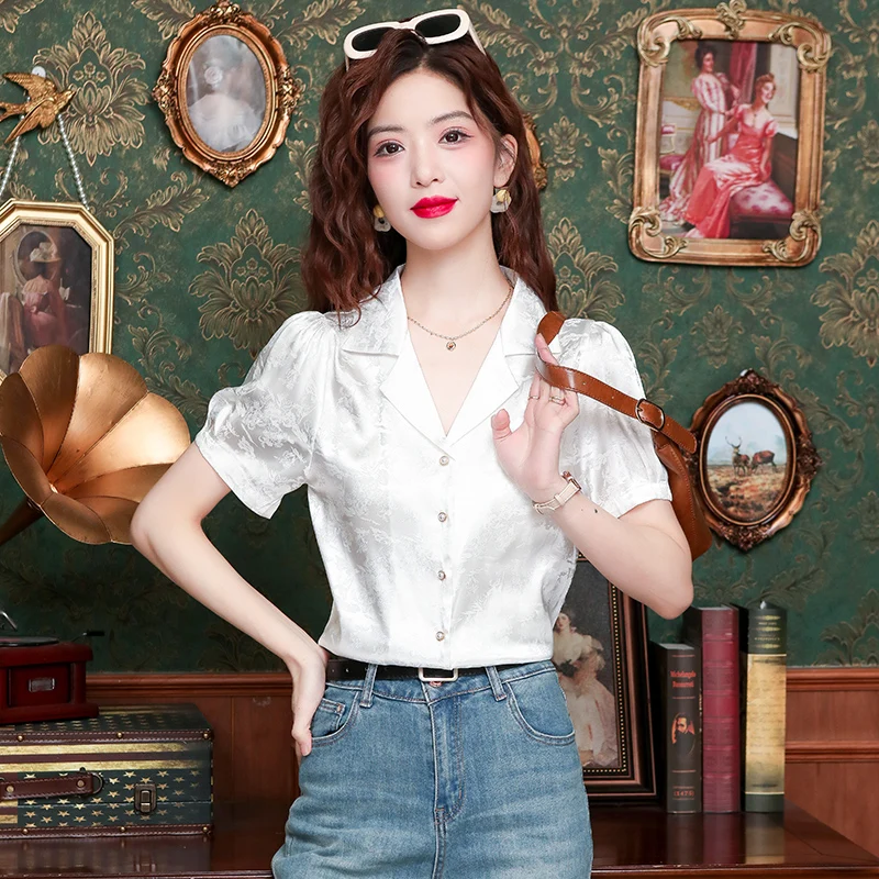Летняя новая женская рубашка с коротким рукавом и английским воротником