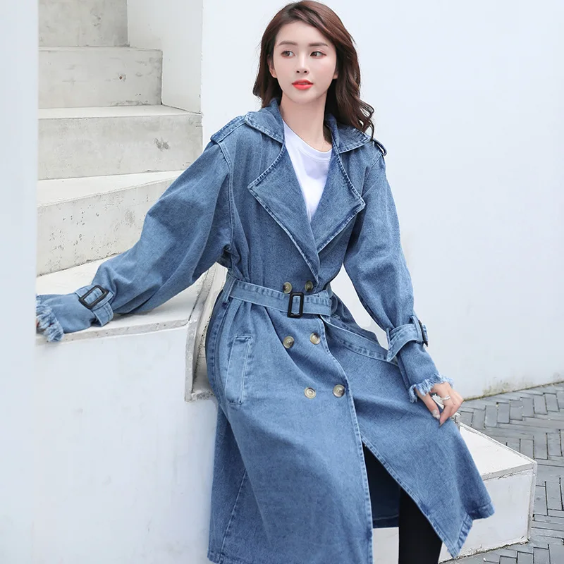 

Winter Women's Denim Trench Coat Autumn Double Breasted Belted Casual Jean Overcoat Loose Long Windbreaker Jacket Couple Models