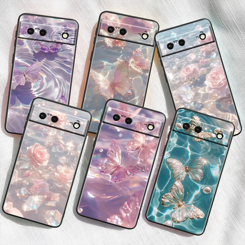 Роскошная роза бабочка цветок для Google Pixel 9 8 7A 7 6A 6 5A 5 4 4A XL искусственная черная