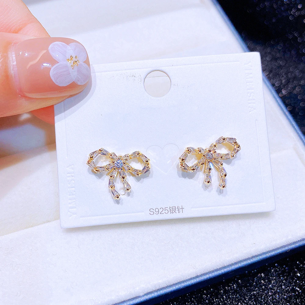 

Korean Fashion Cubic Zircon Bowknot Stud Earrings for Women Gold Color CZ Crystal Stone Jewelry