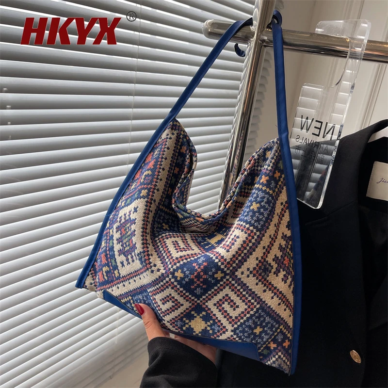 Women's Folk Style Woven Handbag Canvas Bag Jacquard Bag Patchwork Color Handbag Large Capacity Tote Bag