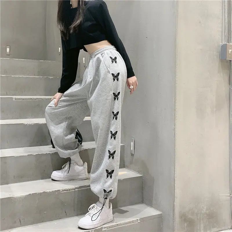 

MINGLIUSILI Butterfly Print Sweatpants 2022 Fall Free Shipping Loose Trousers All-match Korean Fashion High Waist Casual Pants