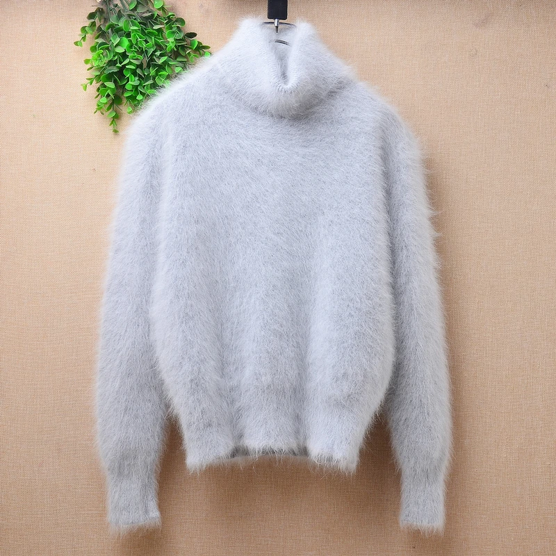 

Ladies Women Fall Winter Clothing Grey Hairy Mink Cashmere Knitted Turtleneck Slim Blouses Pullover Angora Fur Jumper Sweater