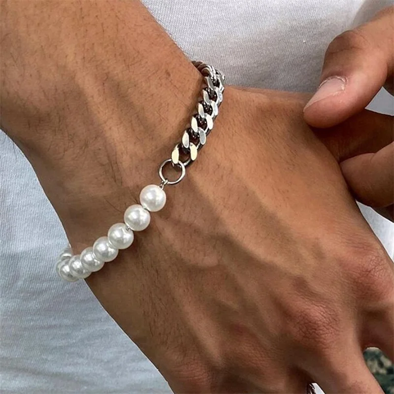 

New Hot Trendy Simple Beads Chain Men Bracelet Imitation Pearl Bead Stainless Steel Cuban Chain Bracelet For Men Jewelry Gift