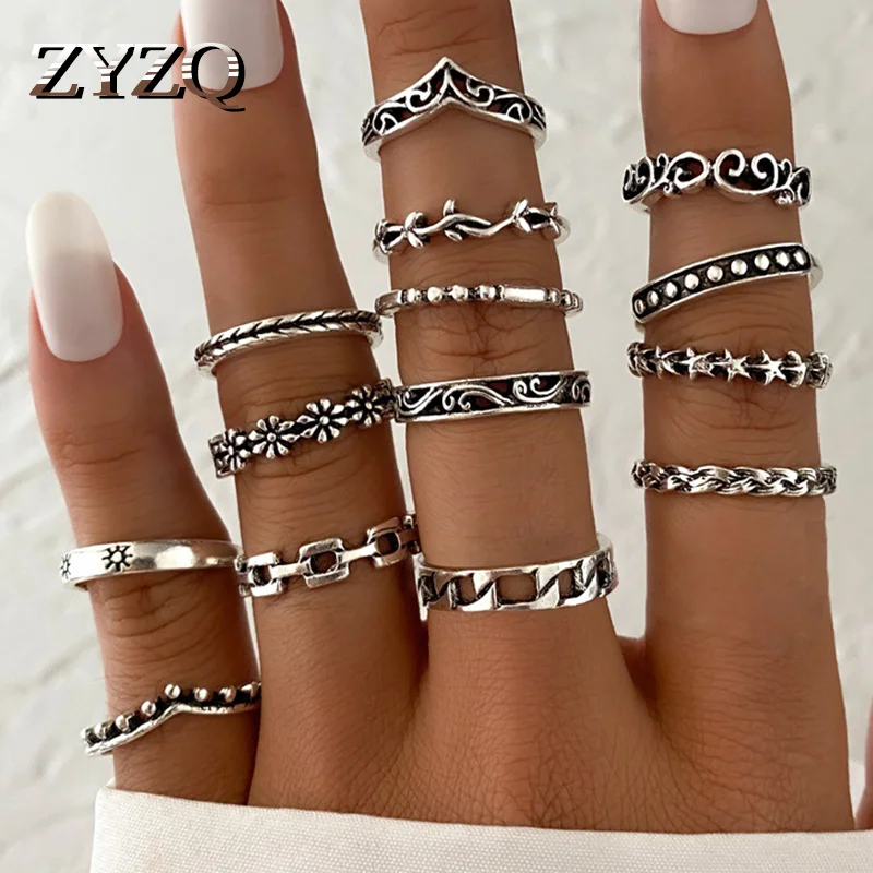 

ZYZQ Retro Hollow Out Old Hip-hop Ring 14-piece Set Punk Personality Geometric Ring Set Male Female Fashion Wholesale Jewelry