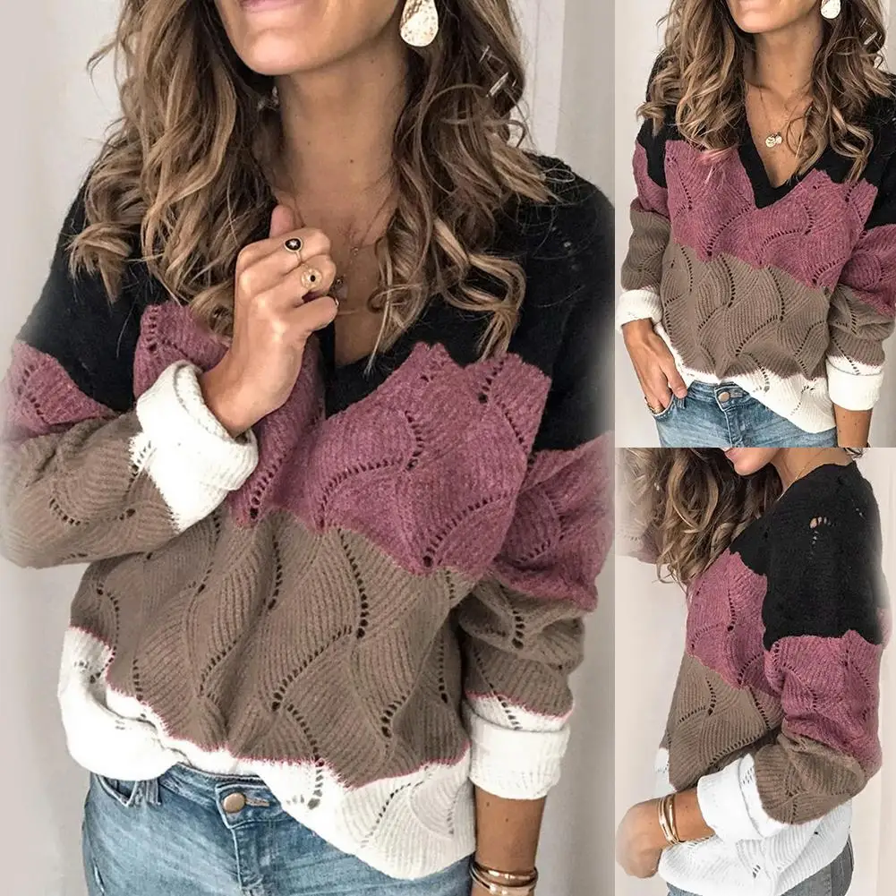 

2022 Women Autumn Winter V Neck Long Sleeve Color Block Knitted Sweater Hollow Women's Clothing