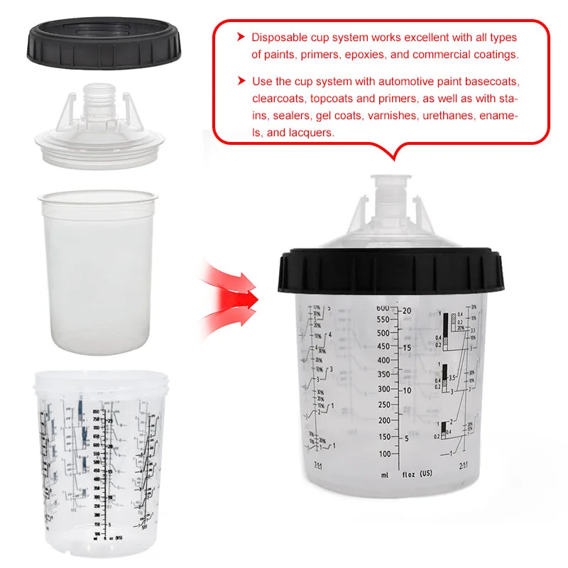 165МЛ / 400МЛ / 600МЛ / 800МЛ Танк для краски с распылителем и чашкой для смешивания, одноразовый, не требующий очистки, типа измерения H / О быстрый.