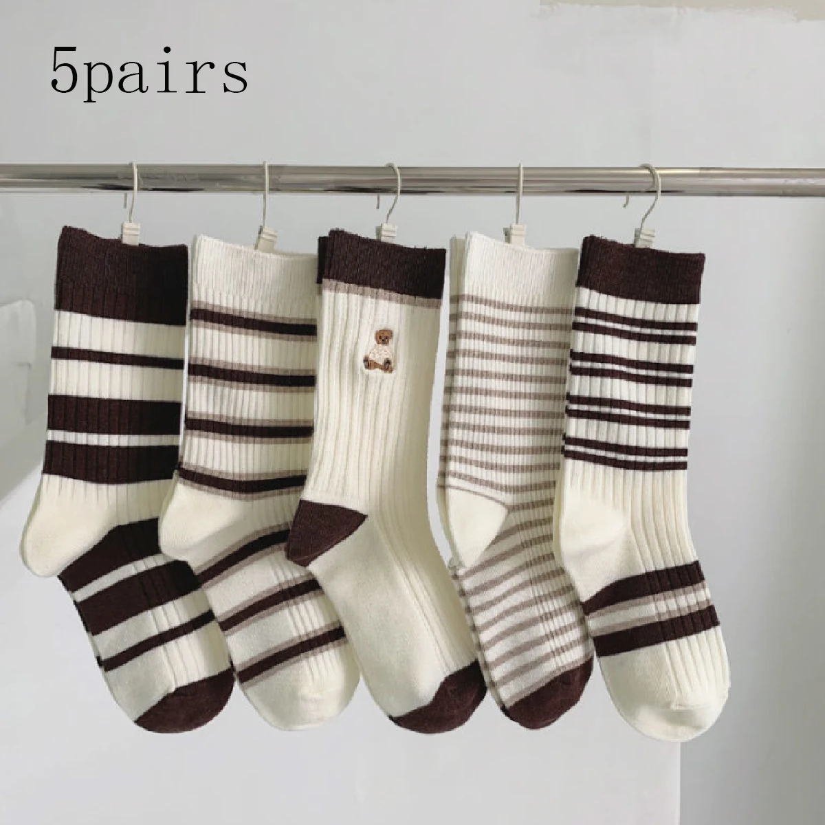 5 пар женских носков с милым медведем летние осенние и зимние коричневые полоски