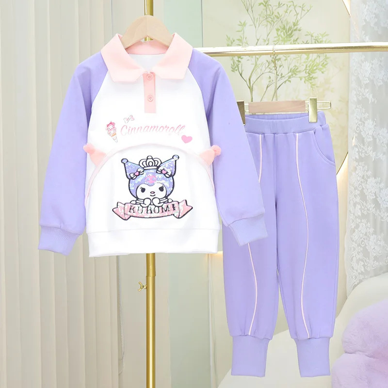

Sanrio Anime Kuromi Children Long Sleeves T-Shirt Sweatpants 2Pcs Sets Cartoon Casual Clothes Girl Boy Sportswear Halloween Gift