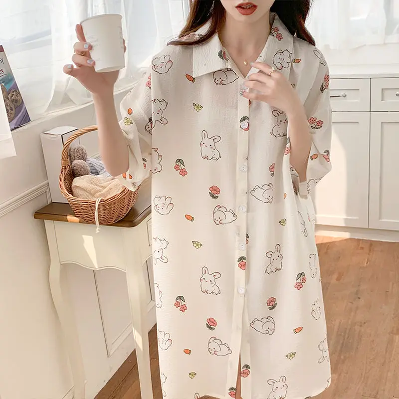 1 Cute nightgown female summer leisure big yards dress with short sleeves bubble cotton pajamas sleep long the shirt dress