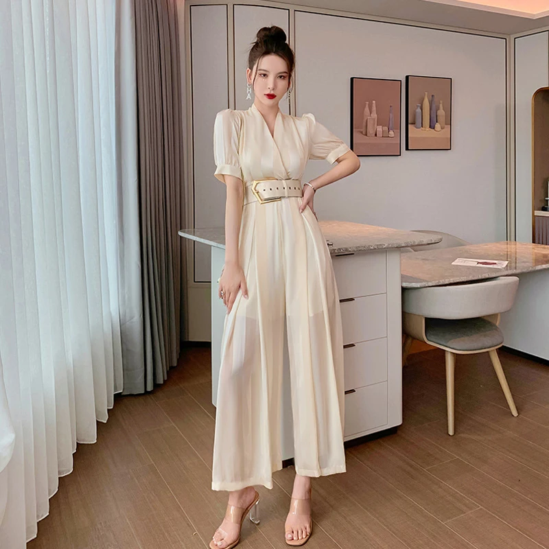 2022 Korean Style Casual Retro Long Fashion Summer Jumpsuit Ladies Elegant Short-sleeved Belt Chiffon Wide-leg Pants Jumpsuit