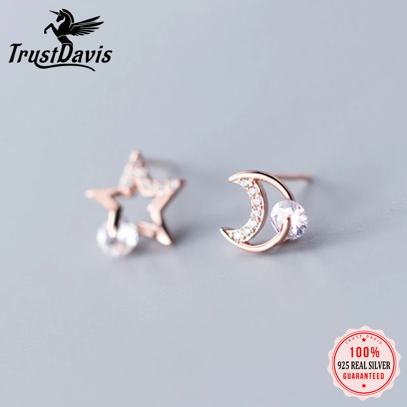 

Trustdavis 100% 925 Sterling Silver Dazzling Asymmetric Moon Star CZ Stud Earrings For Daughter Girls Xmas Wedding Gift DT65