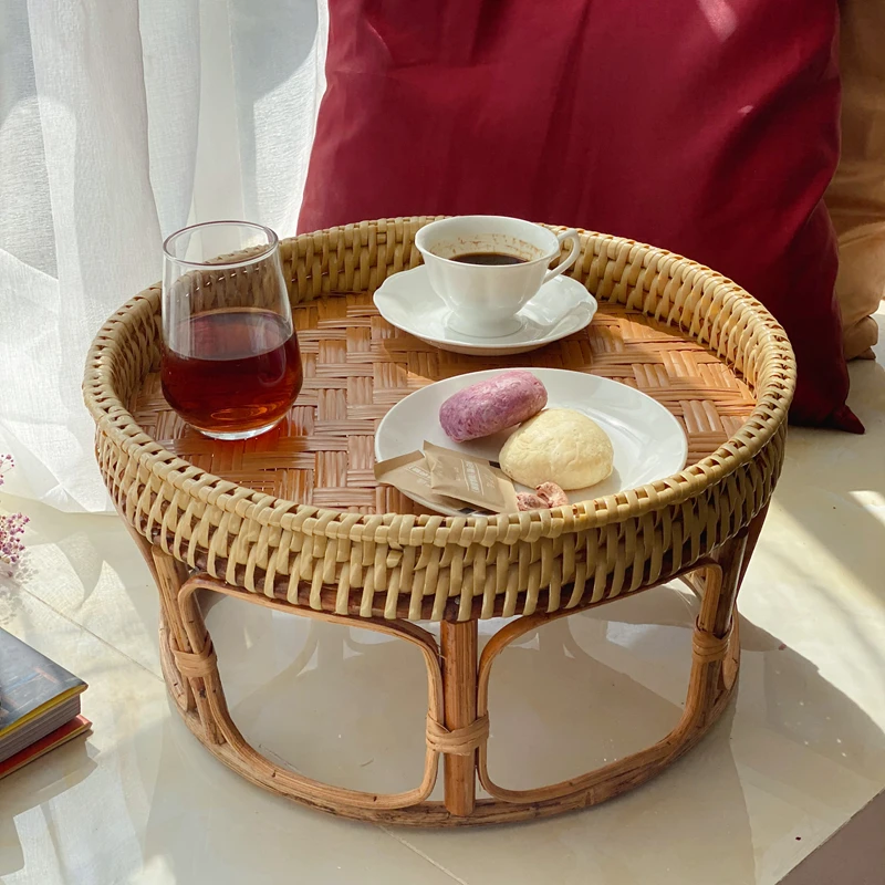 

Bamboo Rattan Tea Table Bay Window Balcony Low Table Hotel Homestay Japanese Dessert Outdoor Camping round Tea Tray Picnic