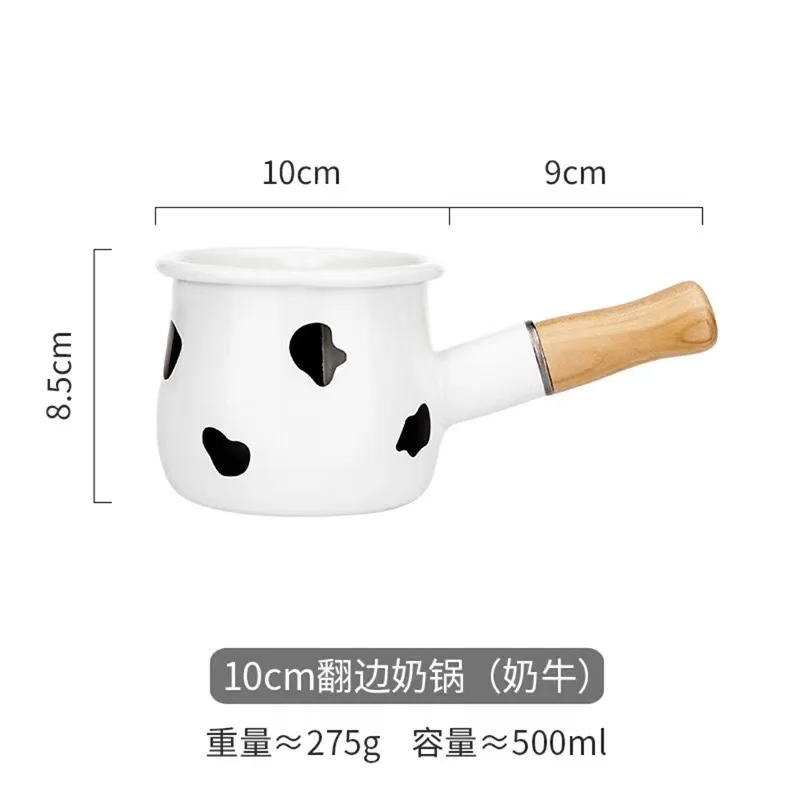 Japanese 500ml single handle Enamel Milk Pot With Wooden Stove Induction Cooke Breakfast Milk Coffee Cartoon Saucepan Cookware images - 6