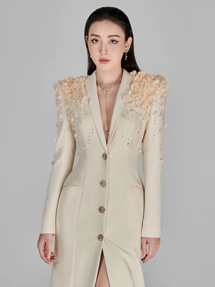 DEAT Элегантное платье с глубоким v-образным вырезом и 3D цветочной вышивкой