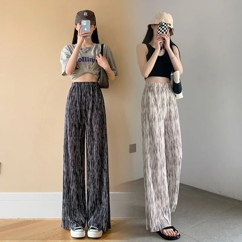 Ice Tie-dyed Wide Leg Pants For Women's Summer Thin Pleated Split Pear Shape Slim High Waist Loose Straight Casual Pants