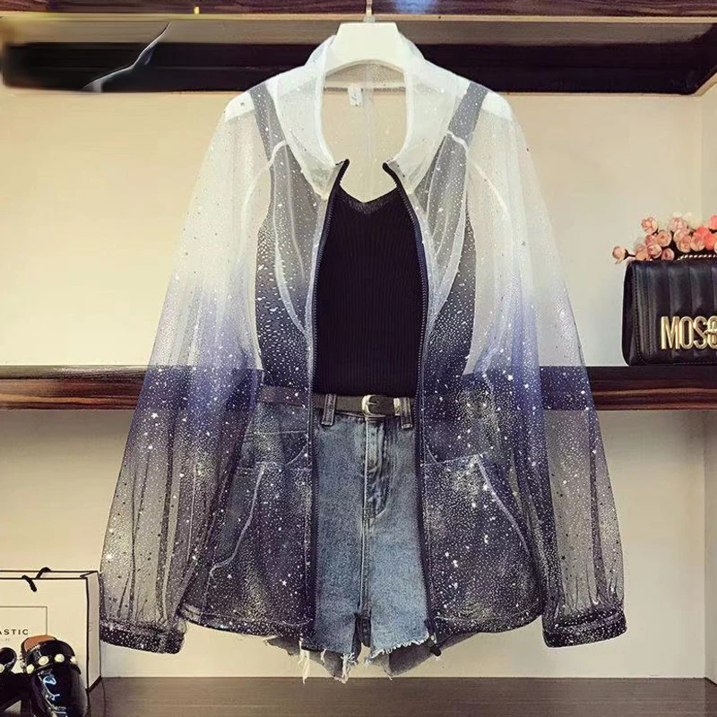 

Женский комплект из 3 предметов, Солнцезащитная рубашка с градиентной сеткой и блестками в виде звезд + однотонный вязаный жилет + джинсовые шорты с высокой талией, летние костюмы