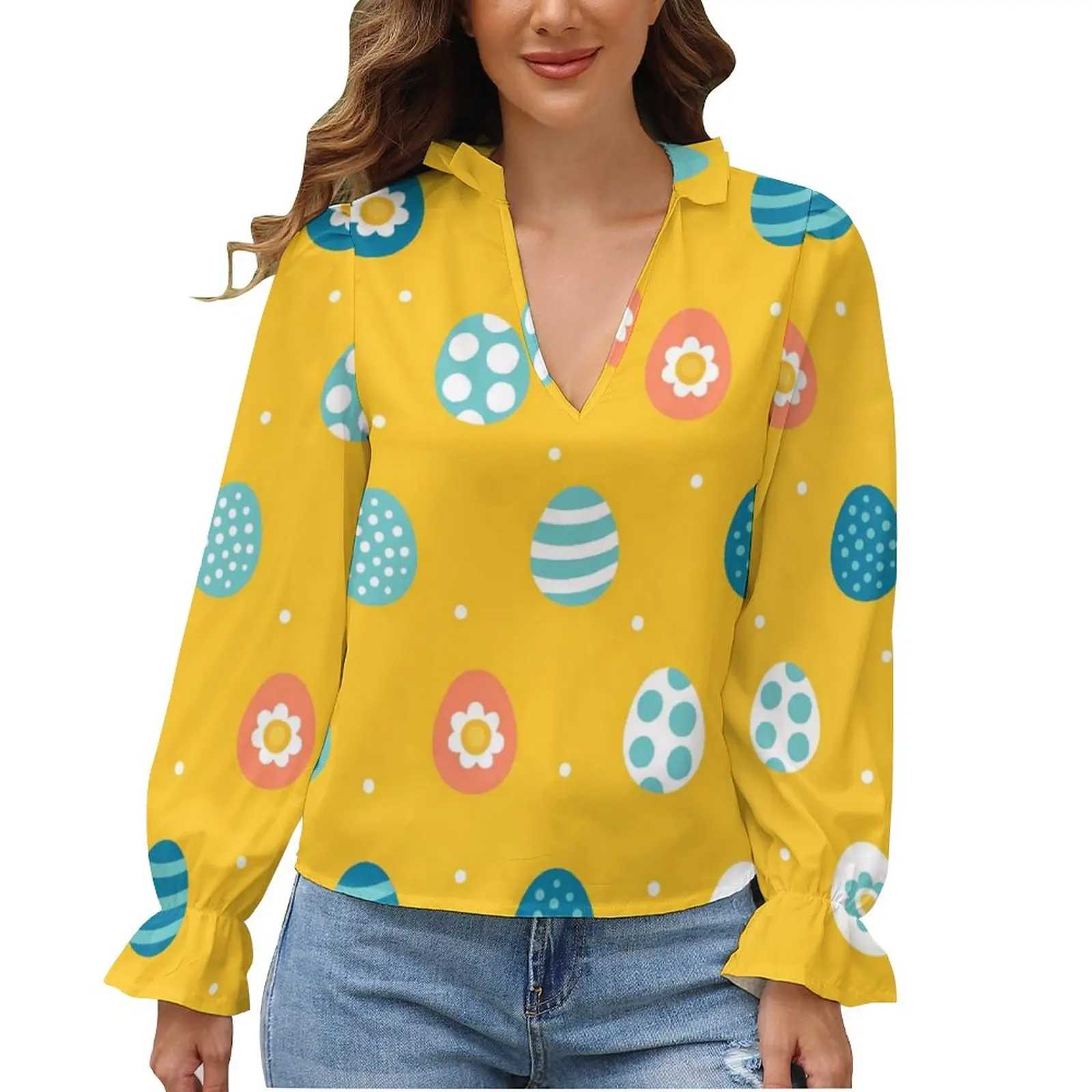 

Шифоновая Блузка с принтом пасхальных яиц и бомбочек, Элегантная блузка с V-образным вырезом и красочным принтом, осенняя Базовая рубашка с ...
