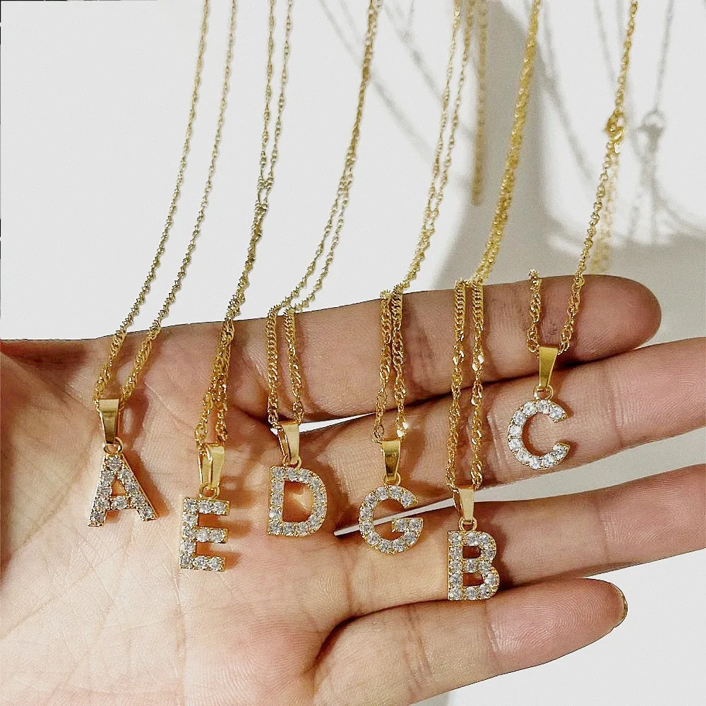 

2022 New Delicated Waterproof Zircon Letter Necklace Minimalist Stainless Steel Thin Snake Chain a-z Initial Necklace For Women