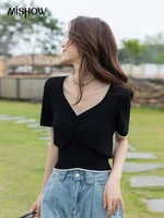 mishow summer korean woman tshirts 2022 fashion retro slim fit solid vneck knitted short sleeves folds pullover tops mxb25z0485