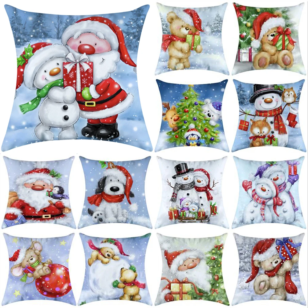 

Merry Christmas Cushion Cover Home Decor Cute Cartoon Santa Claus Bear Snowman Pillow Case Polyester Pillowcover New Year Gift