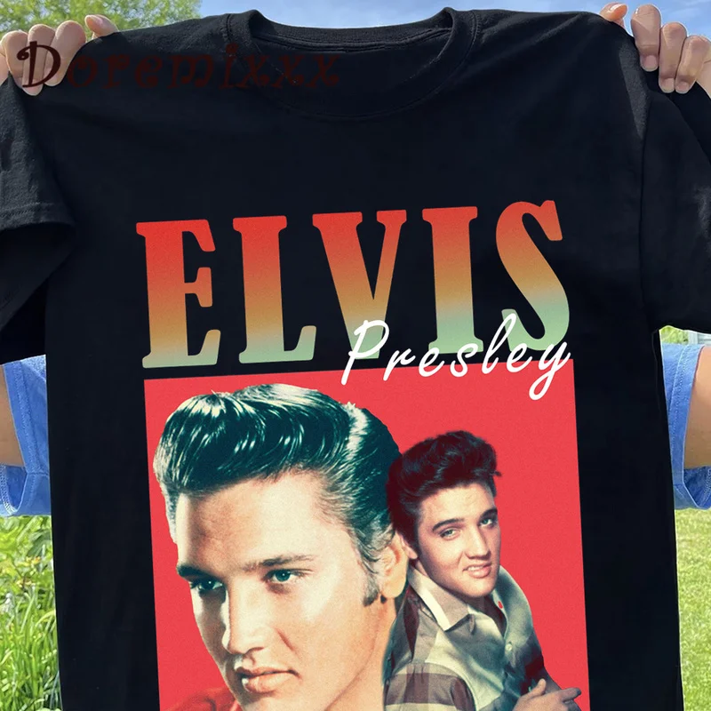 

Винтажная футболка из 100% хлопка, Подлинная футболка Elvis Presley с графическим рисунком, Мужская черная футболка, летние топы унисекс, мужские фу...