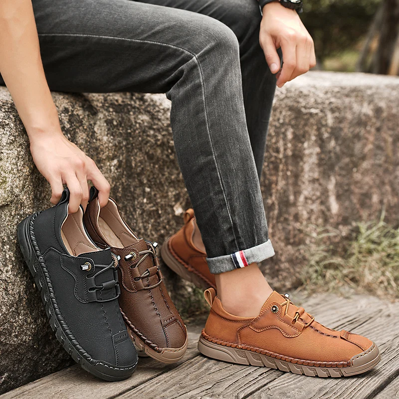 Мокасины мужские кожаные дышащие уличные лоферы плоская подошва на шнуровке