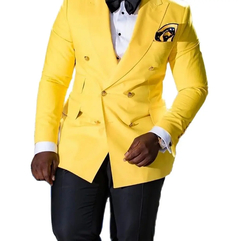 

Yellow Double Breasted Prom Suits for Mens Slim Fit 2 piece Custom Casual Wedding Groom Tuxedos Set Jacket with Black Pants