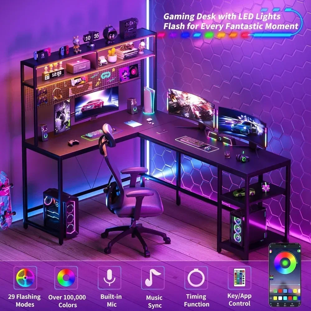 Shaped Desk with Hutch and Pegboard - 67&quot L Gaming LED Lights Corner Computer Storage Shelves Black