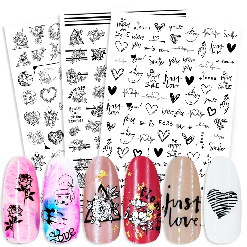 

3D Self-Adhesive Nail Stickers Black White Flower Heart Design Stickers For Nails Manicure Foil Nail Art Decor Nail Decals