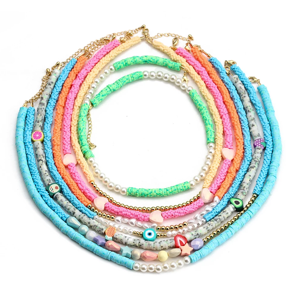 

Wish Card New Trend Multicolor Soft Pottery Choker Necklace for Women Boho Jewelry Evil Eye Charm Pearl Acrylic Beads Necklace