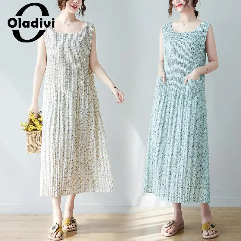 

Oladivi Large Size Women Sundress Sleeveless Midi Dress 2023 Summer Casual Loose Dresses Vintage Ladies Oversized Clothing 2357