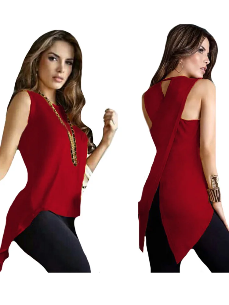 

LJCUIYAO Sexy Sleeveless Blouse Shirt New Lady Off Shoulder Women Loose Summer Tops Cross Irregular Chiffon Pullover Clothing