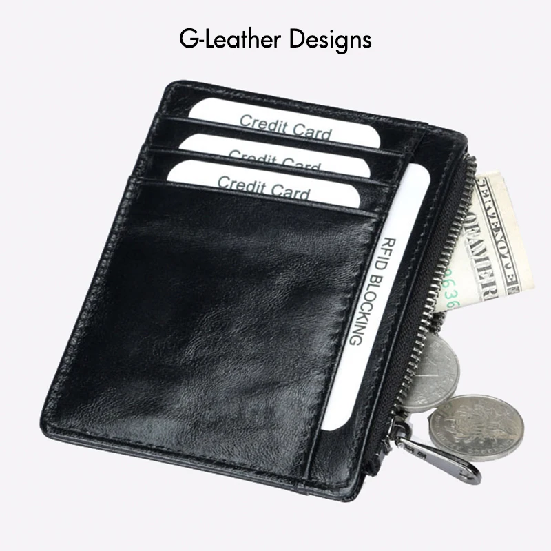 Vintage Genuine Leather Card Holder RFID Protect Slim Vertical with Black Zipper Cow Leather Card Wallet