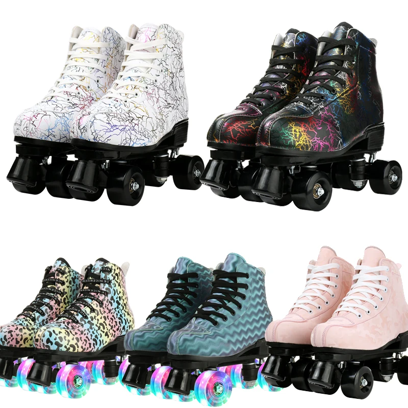 Graffiti Roller Skates  Pu Leather Double Line Skates Women Men Adult Two Line Skate Shoes Patines With Four Colors Pu 4 Wheels