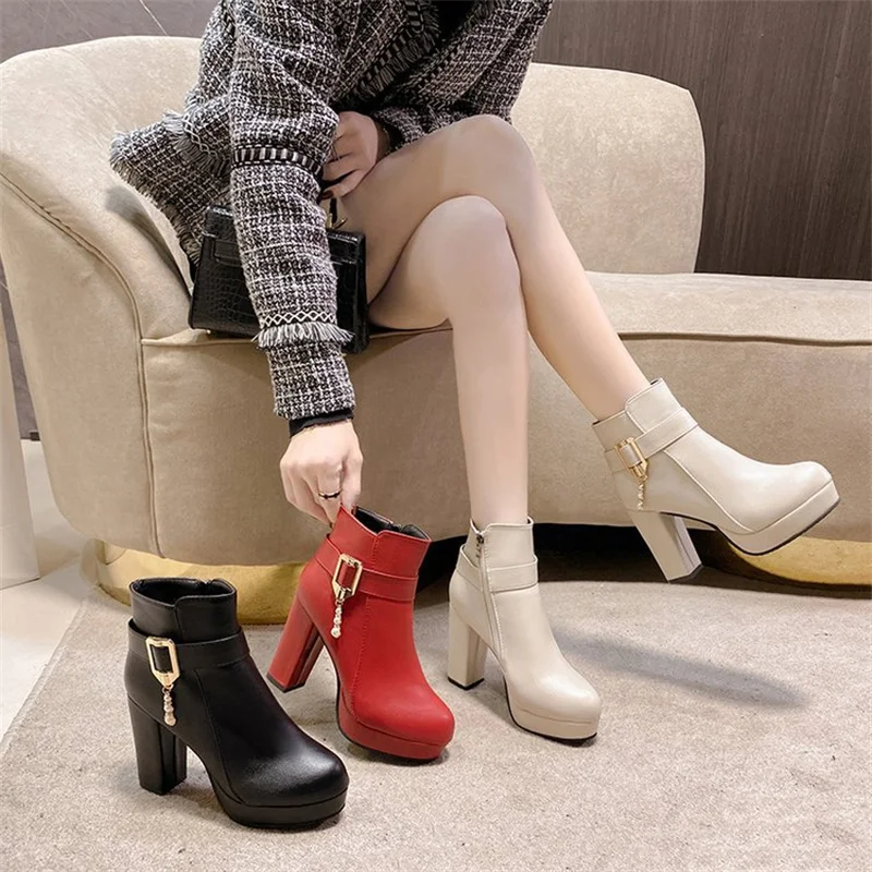 

CINESSD New Red Belt Buckle Thick Heel Short Boots Women's High Heel Martin Boots Fashion Pearl Pendant Boots Trend Ankle boots