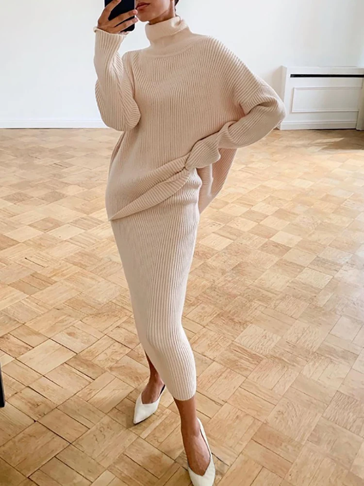 

Smvp Knitted 2 Piece Outfit Set Casual Long Sleeve Sweater Top And Pencil Long Skirts Elegant Autumn Two Piece Sweater Sets