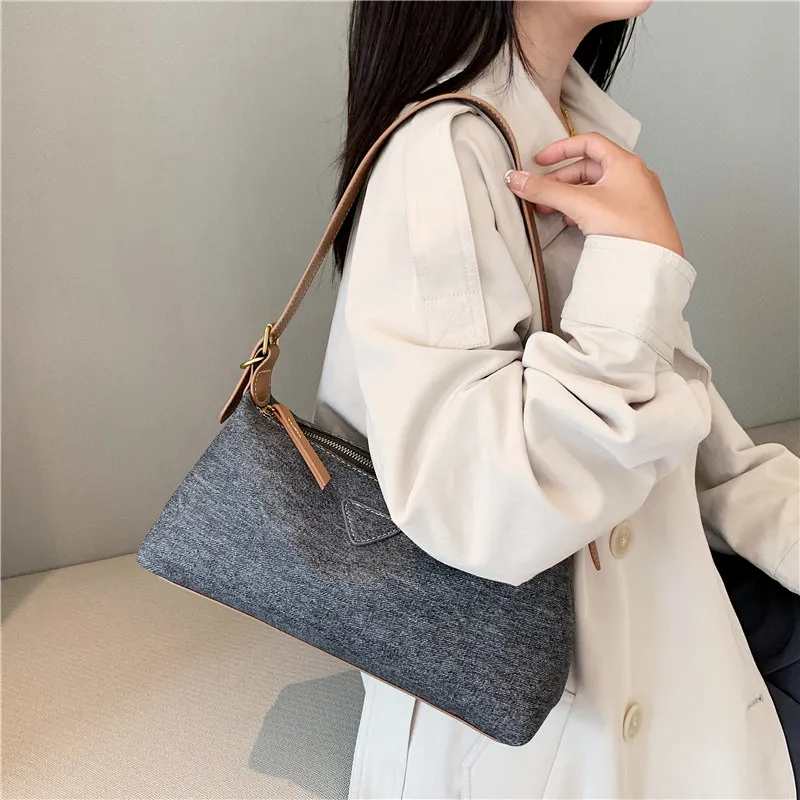 Blue And Black Canvas Retro Women Daily Party Underarm Dumpling Bag 2023 Trendy Leisure Temperament Soft One-shoulder Messenger