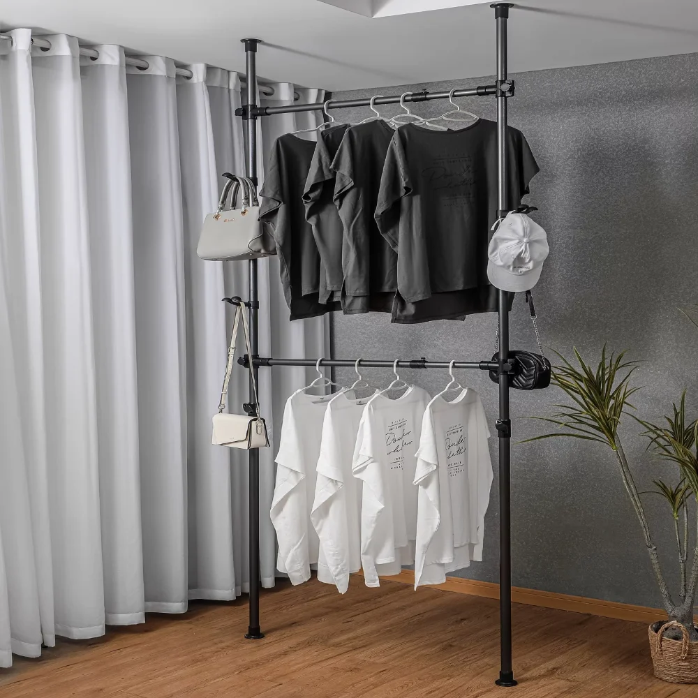 

Adjustable Clothes Rack, Garment Rack System For Closet Organizer, Black Wardrobe Rack, Dimensions 86.6"-122" x 31.5"-47.25"
