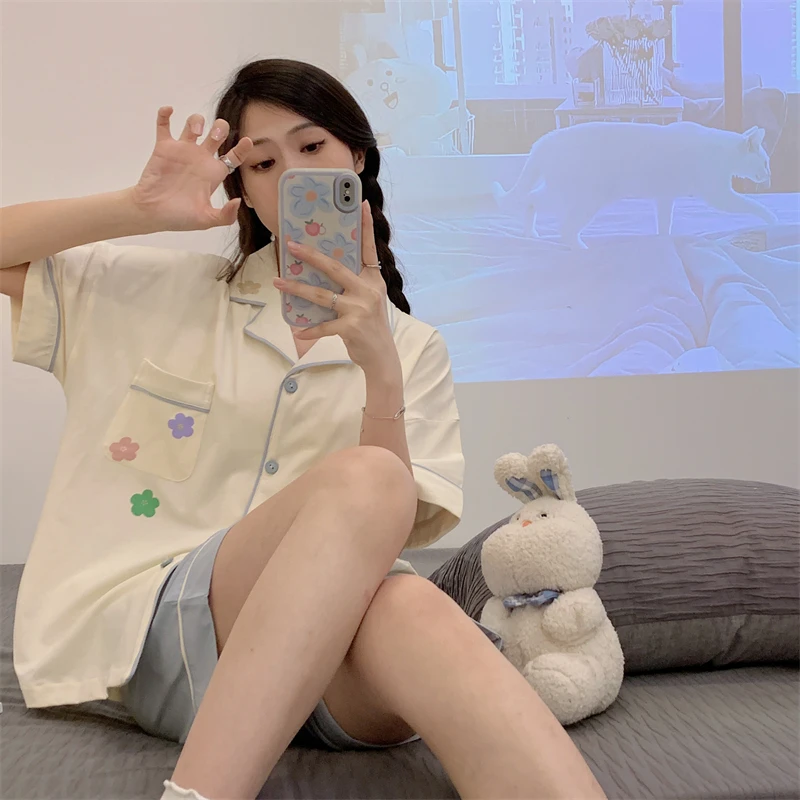 Summer Sleepwear Girl Pajamas Set Sweet Flower Women Pijamas Cotton Lapel Loungewear Lady's Pajama